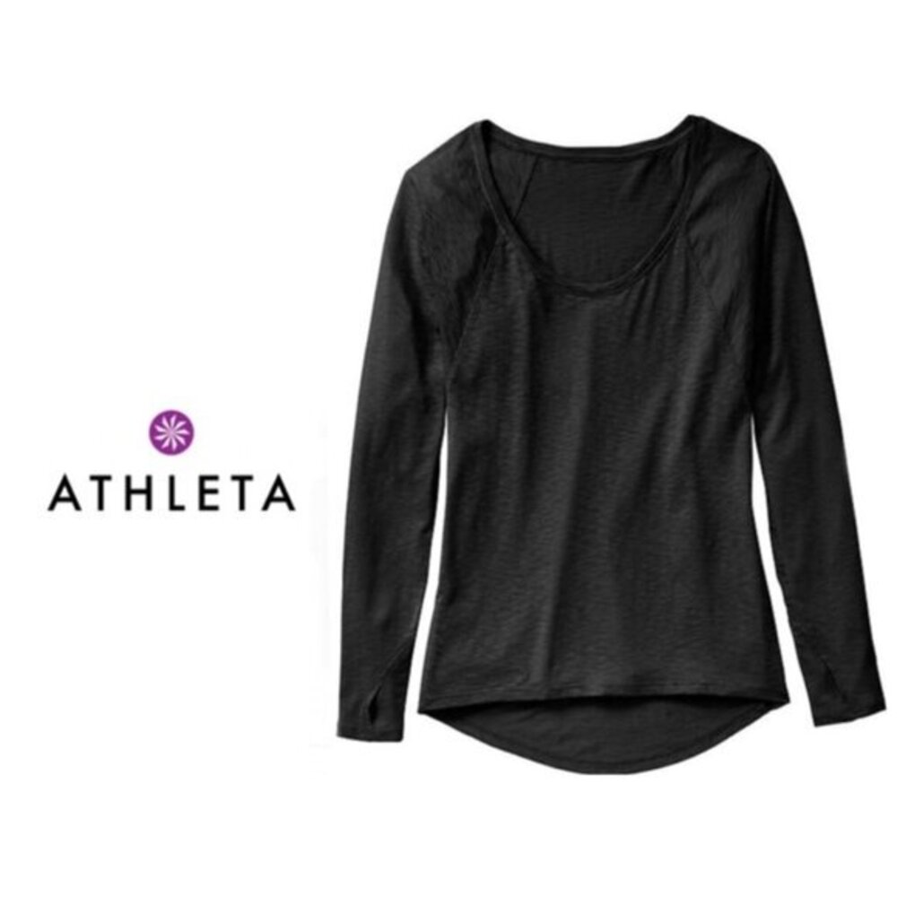 Athleta Shiva 3 Long Sleeve Thumbhole Scoop Neck Relaxed Fit Top L Black